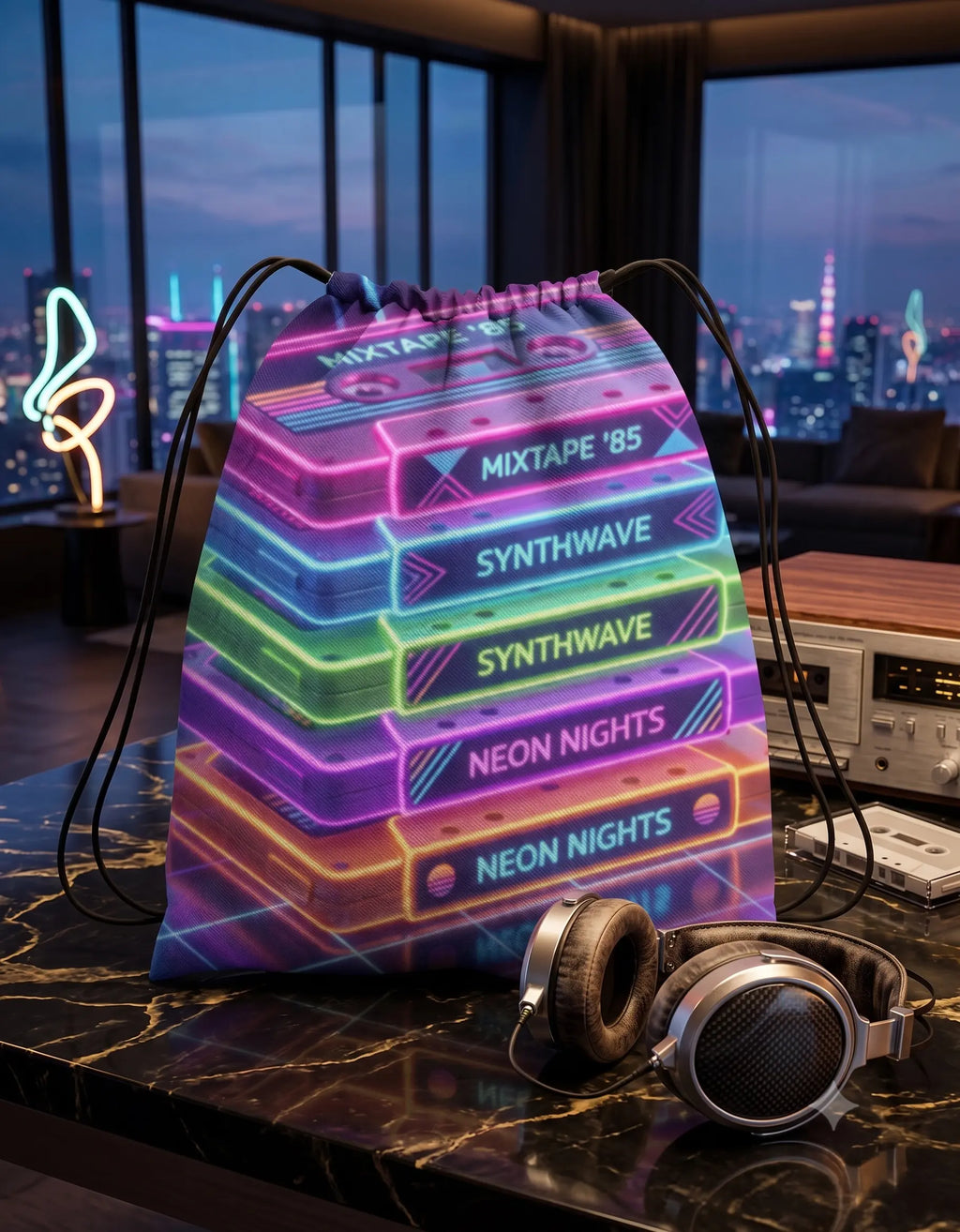 Retro Mixtape | Pixelated83 Premium AOP Drawstring Bag